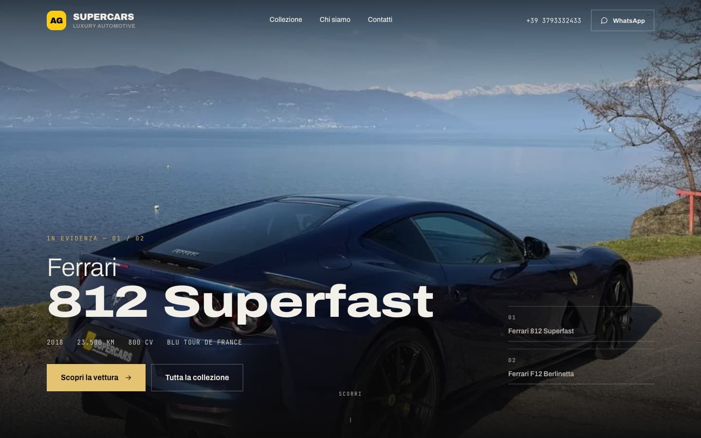 AG Supercars homepage: a blue Ferrari 812 Superfast by a lake, with the model name set in large type